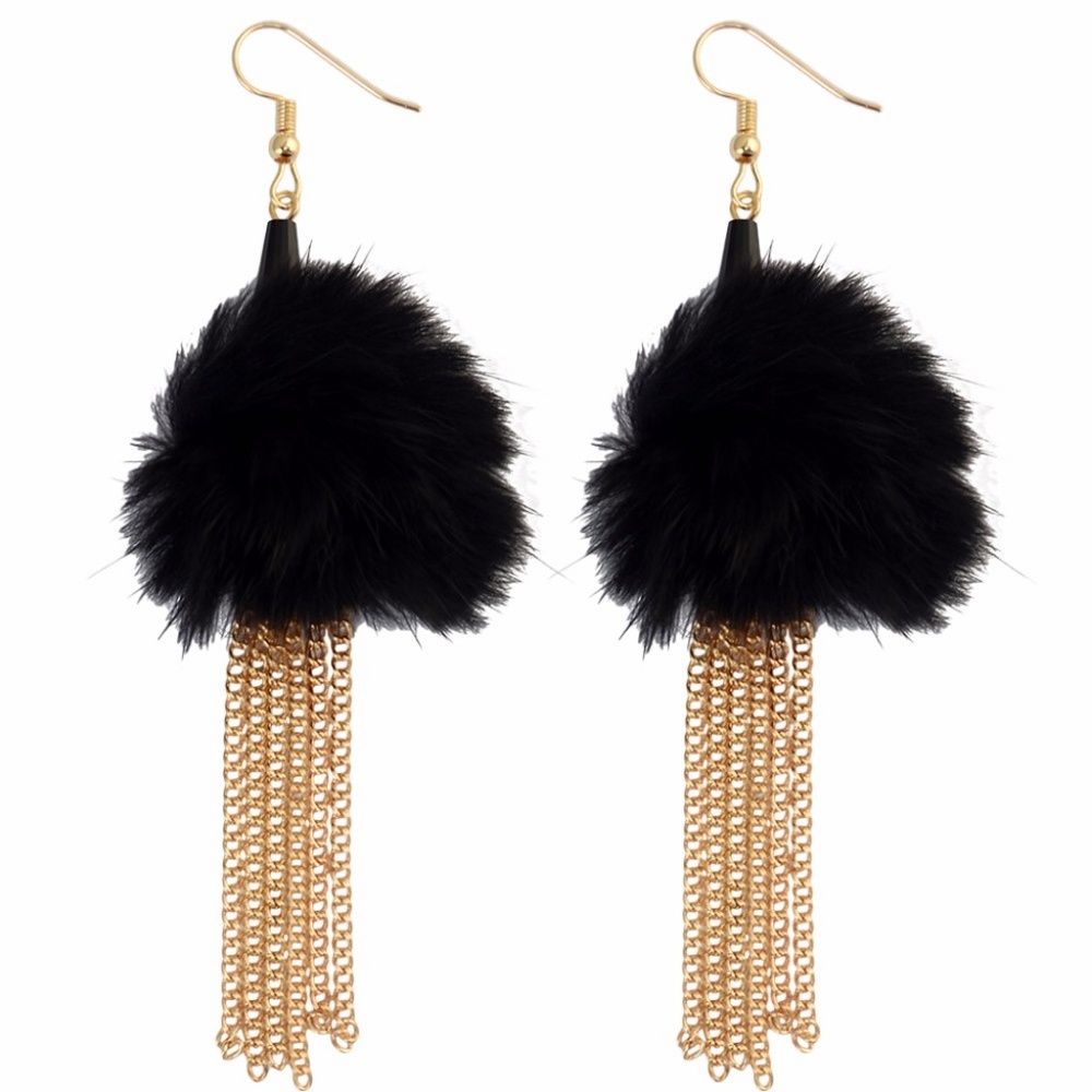Fuzzy Pom Pom tassel earring Black White Red